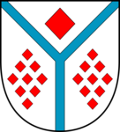 Wappen Amt Kellinghusen. Das Wappen hat einen weißen Hintergrund und wird von einer blauen Gabelung dreigeteilt. In den drei Teilen befinden sich rote Rauten.